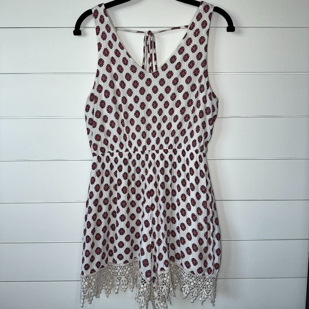Papaya Romper Women's Medium Multicolor Lined Tie V-Back Crochet Trim Boho Rayon
